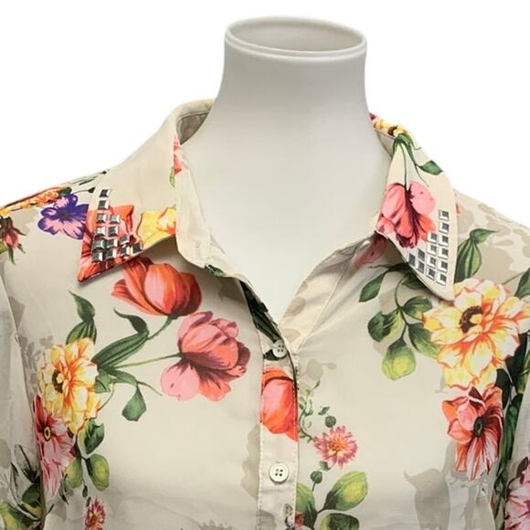 Forever 21 Womens Large Sheer Lightweight Floral Button Down Long Sleeve Blouse - Picture 2 of 6